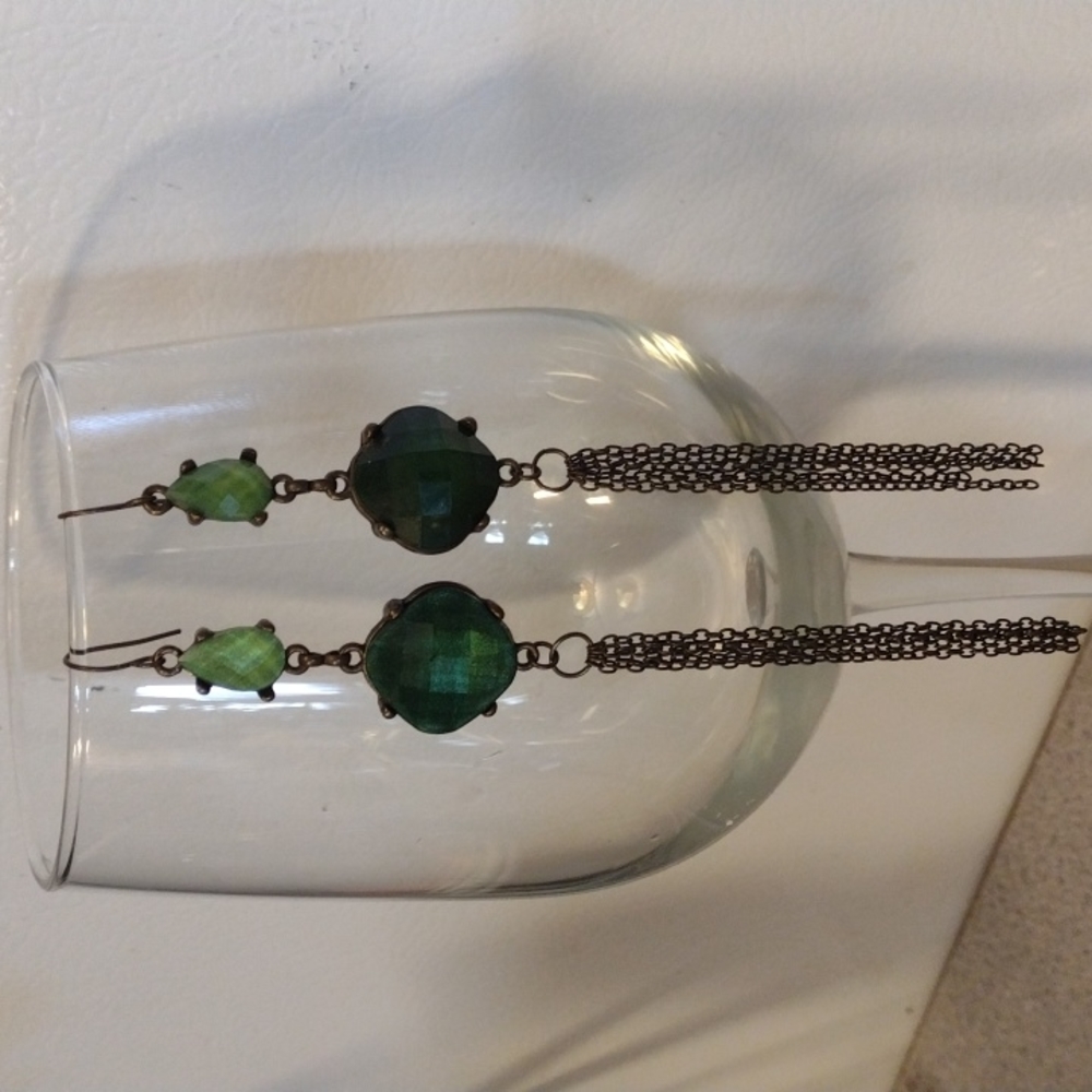 Two tone green faux stone dangle earrings